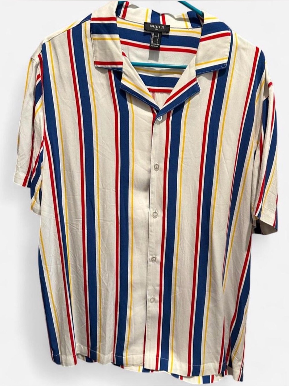 Forever 21 Men Casual Short Sleeve Button-Down Shirt — White, Blue, Red & Yellow